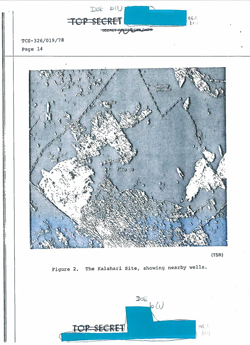 Declassified U.S. reconnaissance image of the South African Kalahari nuclear test site.